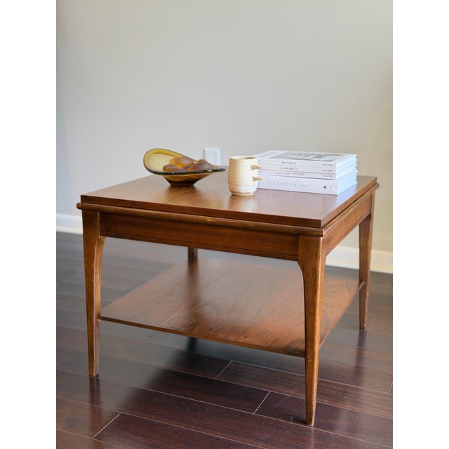 1960s Mid-Century Modern Walnut Floating-Top End Table With Lower Shelf — MCM Lamp Side Table For Sale - Image 9 of 12