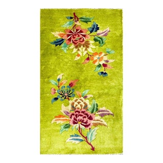 Early 20th Century Antique Green Floral Art Deco Chinese Oriental Rug For Sale