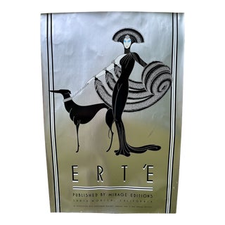 Erte Signed Silver Poster Symphony in Black Art Deco Style 30x20 Mirage Editions W/Woman in Fur & Azawakh Dog 1980 For Sale