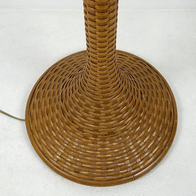 1970s Modern Floor Lamp with Braided Rattan Base and White Witch Hat Shade, 1970s For Sale - Image 5 of 8