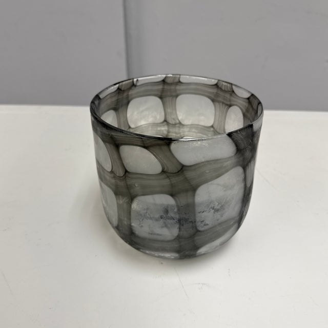 Early 21st Century Contemporary Smoke Gray + White Geometric Art Glass Bowl Vase For Sale - Image 5 of 12