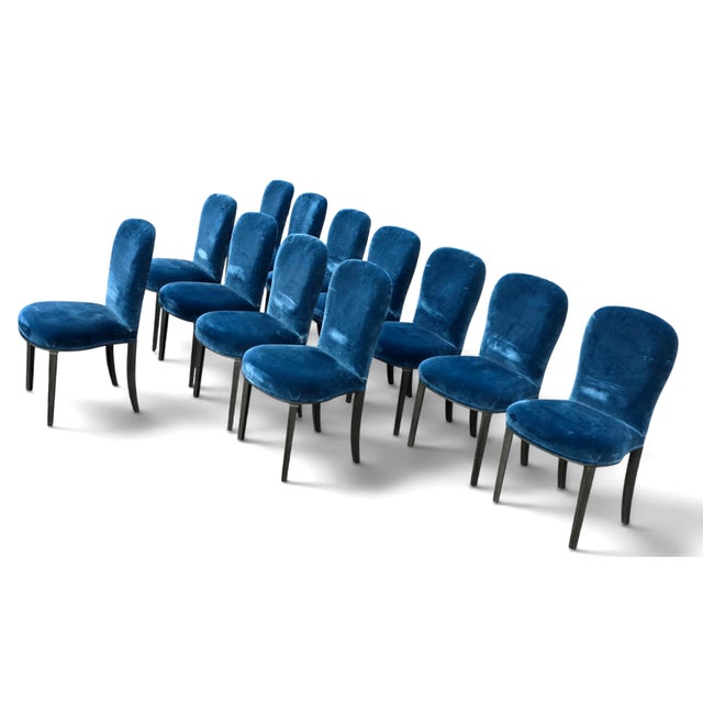 Dessin Fournir Companies Set of 12 French Moderne Blue Velvet Upholstered Dining Chairs is an impressively beautiful set...