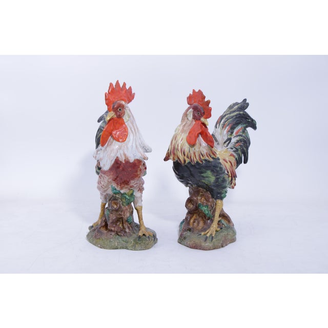 Italian Vintage Pair of Corbet Italian Majolica Porcelain Roosters - Signed For Sale - Image 3 of 18