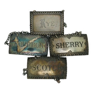 Antique Sterling Silver Bourbon Scotch Sherry Rye Liquor Decanter Labels 50g - Set of 4 For Sale