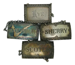 Antique Sterling Silver Bourbon Scotch Sherry Rye Liquor Decanter Labels 50g - Set of 4