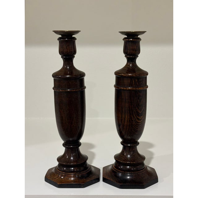 Antique English Oak Turned Candlesticks With Brass Candle Cups - A Pair For Sale - Image 9 of 13