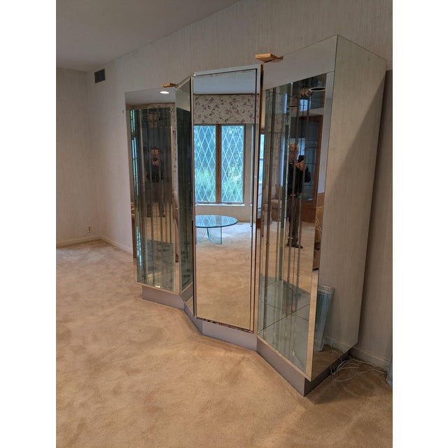 Contemporage Mirrored Wall unit Unique piece never seen. Difficult to move. Some damage from Vacuum as shown in pictures....