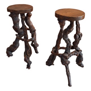 French Brutalist Vine Wood Bar Stools, 1960s, Set of 2 For Sale
