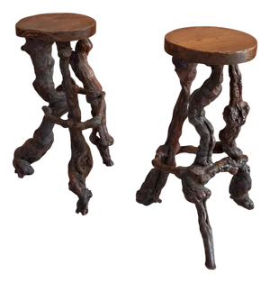 French Brutalist Vine Wood Bar Stools, 1960s, Set of 2