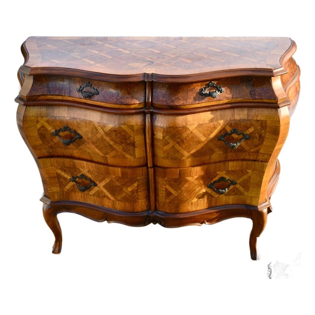 Vintage Italian Parkay Inlaid Bombe' Four Drawer Commode For Sale