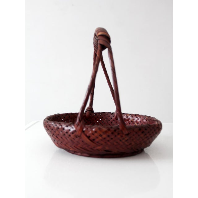 Brown Vintage Hand-Woven Bamboo Basket With Wrapped Handle For Sale - Image 8 of 12