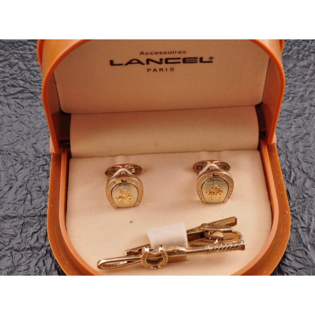 Rare Vintage "Lancel" Paris Gold Plate Steel Cufflinks & Tie Bar Original Case For Sale In New York - Image 6 of 18