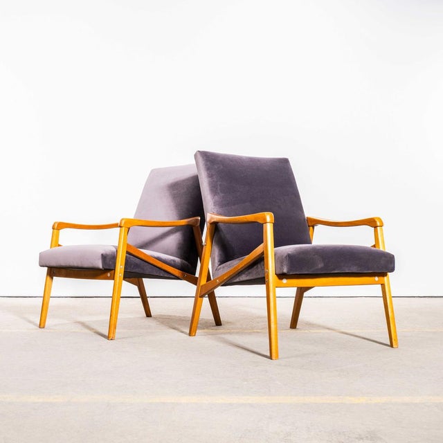 1950’s Jaroslav Smidek Original Re-Upholstered Armchairs Grey Cotton Velvet With Light Frame. Sourced direct in the Czech...