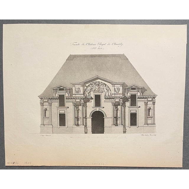 Antique architectural engraving of the facade of Chateau Royal De Chantilly. See listing for modern day photograph of the...
