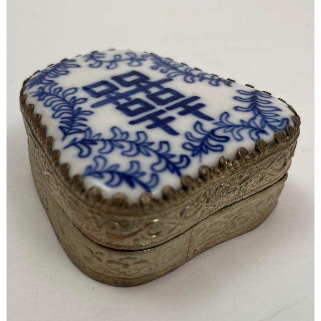 Late 20th Century Vintage Chinese Porcelain Shard Box Oriental Decorative Nickel Silver For Sale - Image 5 of 11