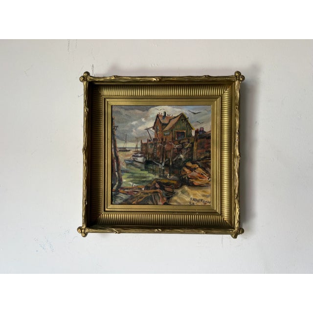 Abstract 1950's S. Wolfson Fishing Dock Coastal Landscape Oil Painting For Sale - Image 3 of 12