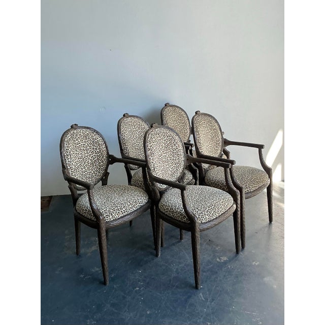 Vintage Boho Faux Bois Leopard Dining Chairs - Set of 5 For Sale - Image 10 of 12