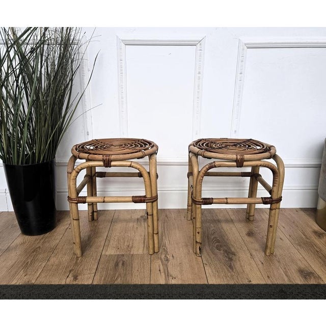 Boho Chic Bohemian French Riviera Italian Bamboo Rattan Stool, 1960s, Set of 2 For Sale - Image 3 of 8
