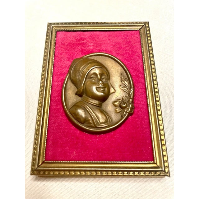 Vintage Renaissance Dutch Girl Brass & Red Velvet Cameo in Repousse' Style For Sale - Image 4 of 10
