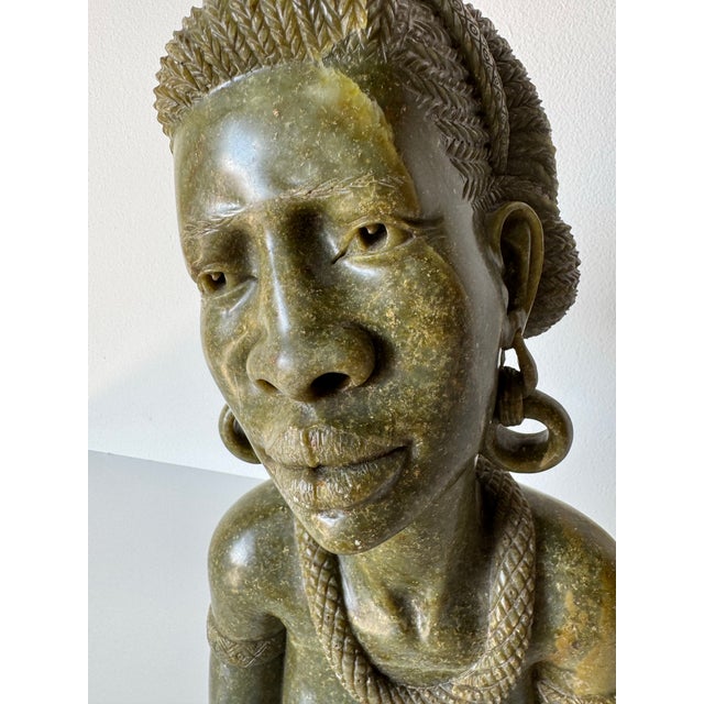 Vintage Verdite Stone African Woman Bust Sculpture Signed Cashel K. For Sale In Miami - Image 6 of 12
