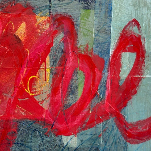Contemporary Christiane Corcelle "Rouge Pour Toujours I" Acrylic and Collage on Canvas, Abstract Painting With Red Loops on Teal Blue, 2026 For Sale - Image 3 of 6