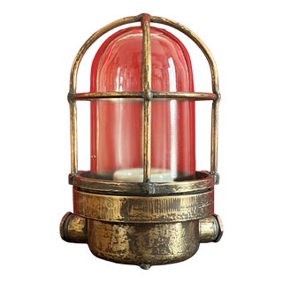 Vintage Industrial Brass Lamp with Cage and Glass Diffuser, 1950s For Sale