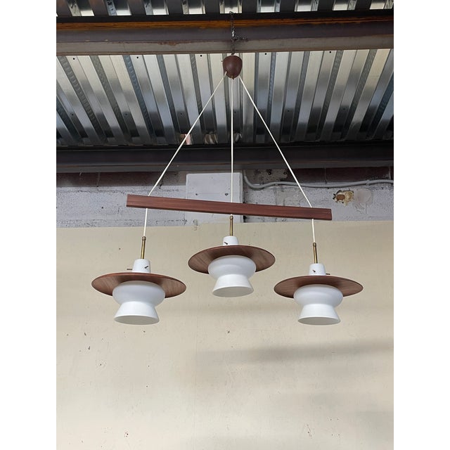 3-Light Pendant Lamp in Teak and Opal Glass, 1960s For Sale - Image 13 of 14