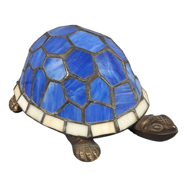 Vintage Turtle Table Lamp in Blue Leaded Glass and Brass, 1970s For Sale
