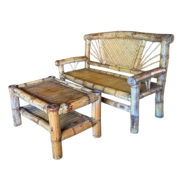 1980s Circa 1980s Large Bamboo Pagoda Lounge Settee and Coffee Table in the Budji Layug Style For Sale - Image 5 of 6