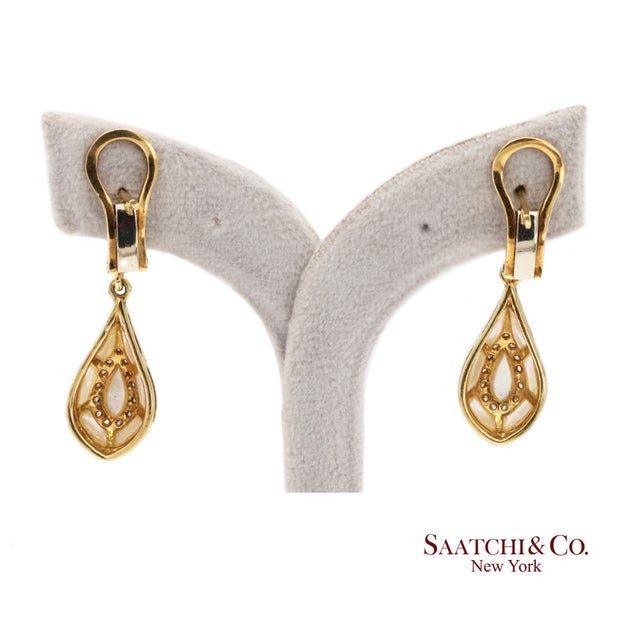Metal 18k Yellow Gold 0.50 Ct Natural Diamond and Mother of Pearl Omega Back Earrings, Pair For Sale - Image 7 of 14