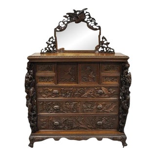 1900s Japanese Art Nouveau Dragon Carved Dresser Chest of Drawers W/ Mirror For Sale