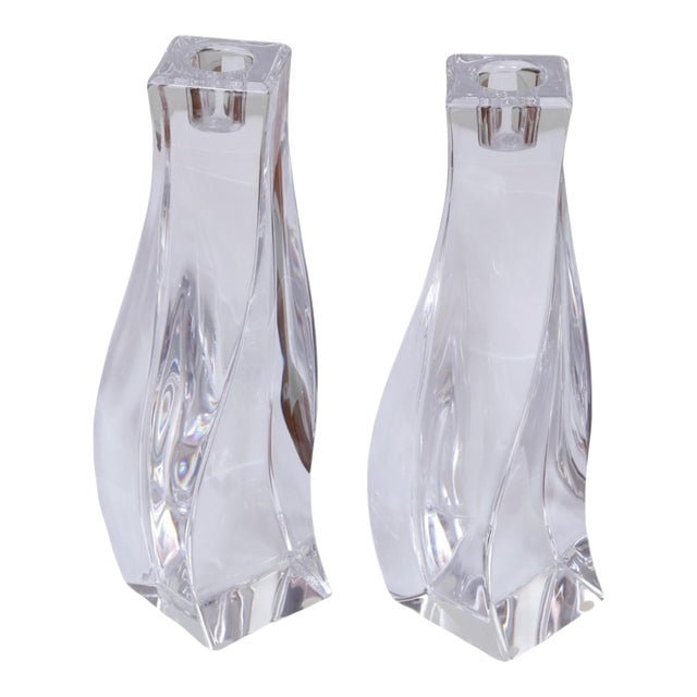Signed Orrefors Twisted Lead Crystal Candlestick Holders, a Pair For Sale