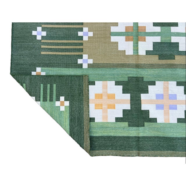 Casa Cosima Handmade Cotton Rug, Natural Vegetable Dyed Green and Cream Geometric Rug - 10'x14' For Sale - Image 4 of 11
