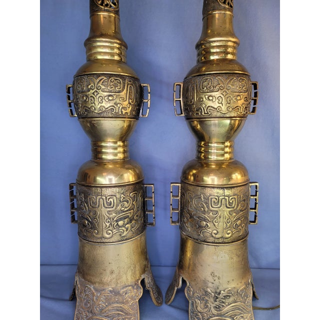 Metal 1950s Hollywood Regency James Mont Attributed Asian Brass Table Lamps - a Pair For Sale - Image 7 of 13