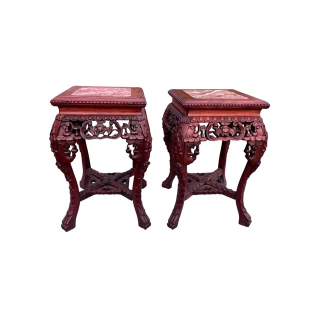 Early 20th Century Antique Carved Asian Marble Top Chinese Stands a Pair For Sale - Image 5 of 12