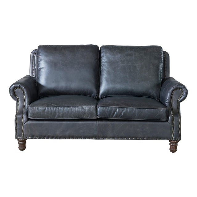 English Rolled Arm Love Seat - Slate Leather For Sale