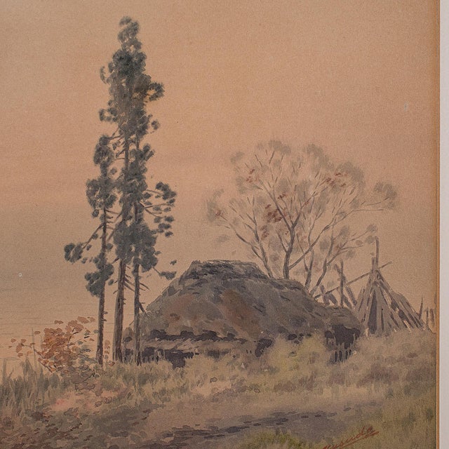 Glass Pair of Vintage Landscape Paintings, Oriental, Watercolour, Art, Mid Century For Sale - Image 7 of 12