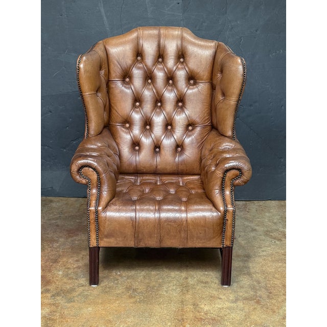 English Large English Wing Back Chair of Tufted Tanned Leather With Nail-Head Trim For Sale - Image 3 of 16