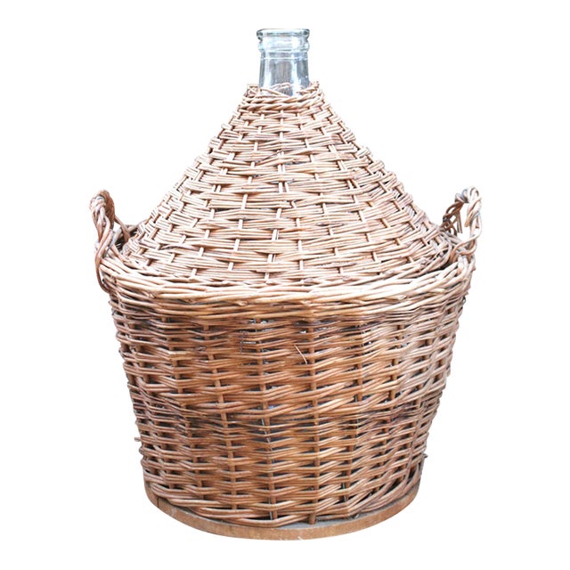 Ext. LRG Provincial Woven Rattan "Made in France" and Glass Vino Bottle Basket For Sale