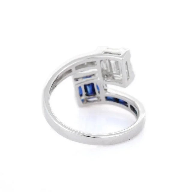 18k White Gold Natural 1.11ct Blue Sapphire Diamond Bypass Ring Size 7 For Sale - Image 4 of 10