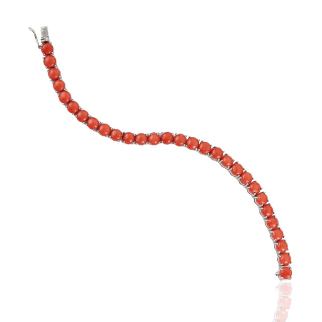 Carat&Her Vibrant 25.7 Ct Round Scarlet Coral Tennis Bracelet in 925 Sterling Silver For Sale - Image 6 of 13