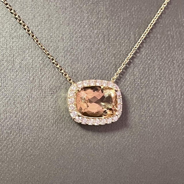 Traditional Diamond Morganite Pendant Necklace 14k Gold 7.35 TCW Certified For Sale - Image 3 of 12