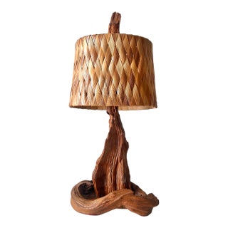 1960s Mid-Century Modern Driftwood Lamp With Palm Leaf Shade For Sale