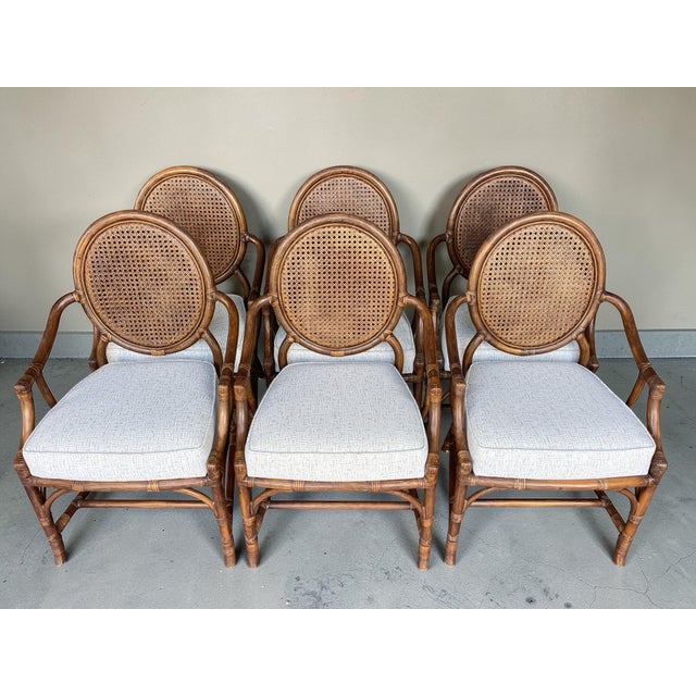 Wood Newly Upholstered Vintage Rattan & Cane Oval-Back Dining Chairs | Set of 6 For Sale - Image 7 of 15