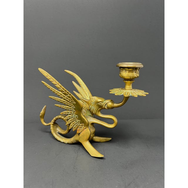 Gothic Vintage Brass Griffin Dragon Candlestick – Gothic Medieval Candle Holder, Dark Academia / Vamp Romantic Decor For Sale - Image 3 of 10