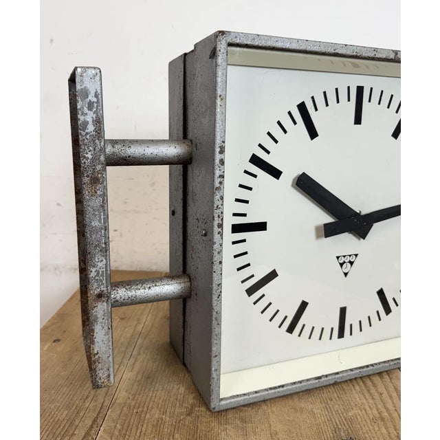 Industrial Square Double Sided Factory Wall Clock from Pragotron, 1970s For Sale - Image 12 of 16