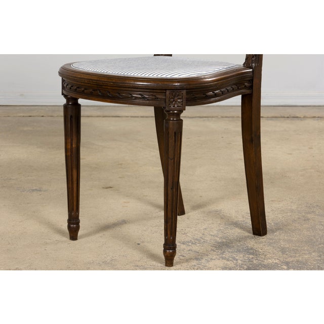 French Louis XVI Style Walnut Dining Chairs, Blue Striped Linen Upholstery – Set of 6 For Sale - Image 11 of 18