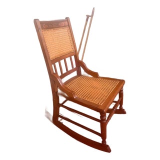 Antique Victorian Lincoln Style Wood Rocking Chair - Hand Woven Cane Seat & Back For Sale