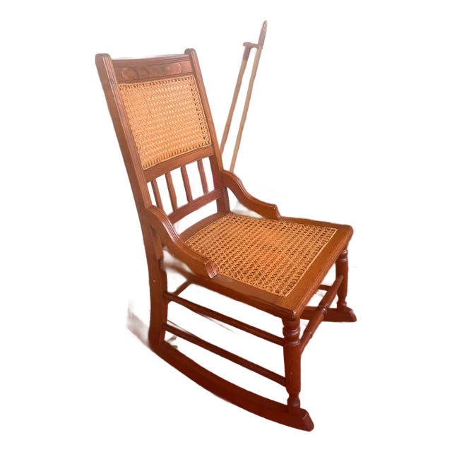 Antique Victorian Lincoln Style Wood Rocking Chair - Hand Woven Cane Seat & Back For Sale
