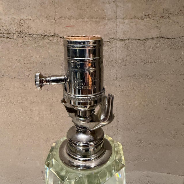 For your consideration, a clear crystal obelisk table lamp base features a geometric faceted column and a polished chrome...